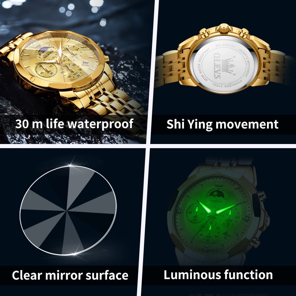 OLEVS 3673 Quartz 3D Rhombic Mirror Chronograph Watch For Men