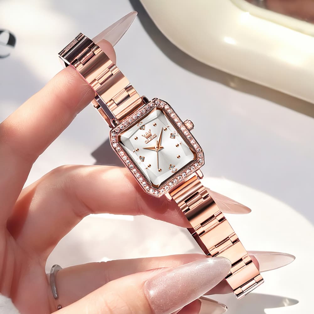OLEVS 5688 Beveled Edge Crystal Rectangular Watch Diamond Bezel Stainless Steel Quartz Timepiece for Women
