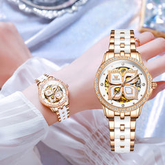 OLEVS 6612 Automatic Skeleton Four Leaf Clover Watch Set for Women