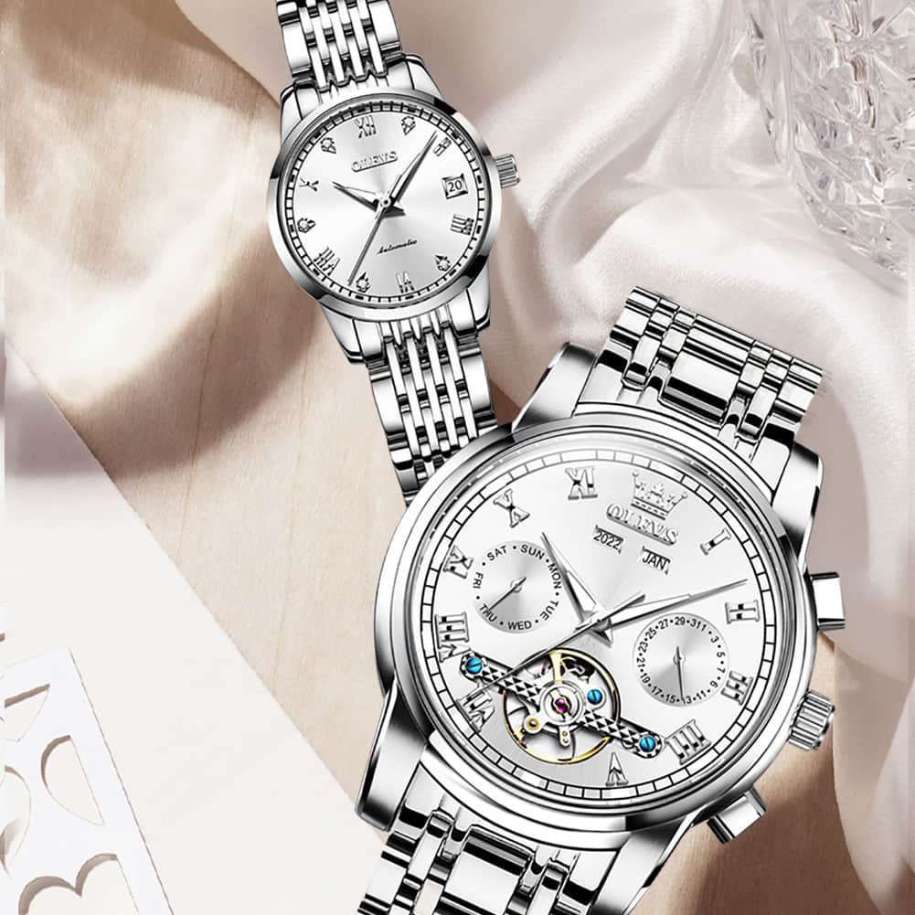 OLEVS 6607 Open Heart Automatic Mechanical Couple Watch Set