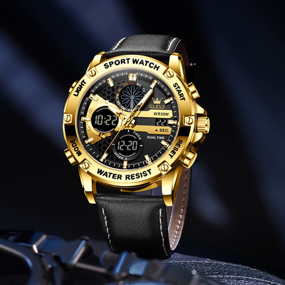 OLEVS 1110 Rugged Dual Display Leather Sport Watch for Men