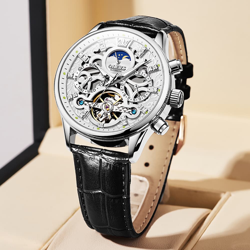 OLEVS 6658 Leather Skeleton Moon Phase Watch for Men