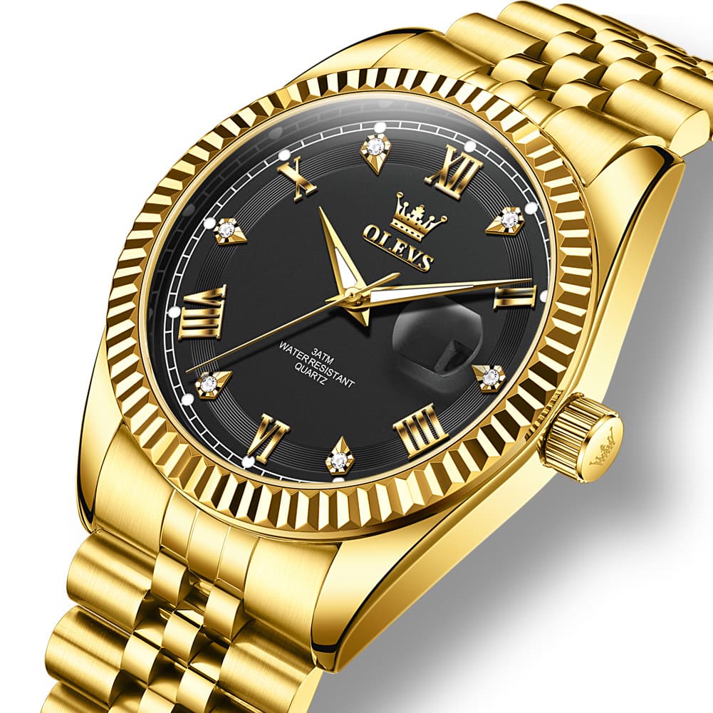 OLEVS 5680 Fluted Bezel Roman Diamond Dial Watch Stainless Steel Jubilee Bracelet Quartz Timepiece for Men