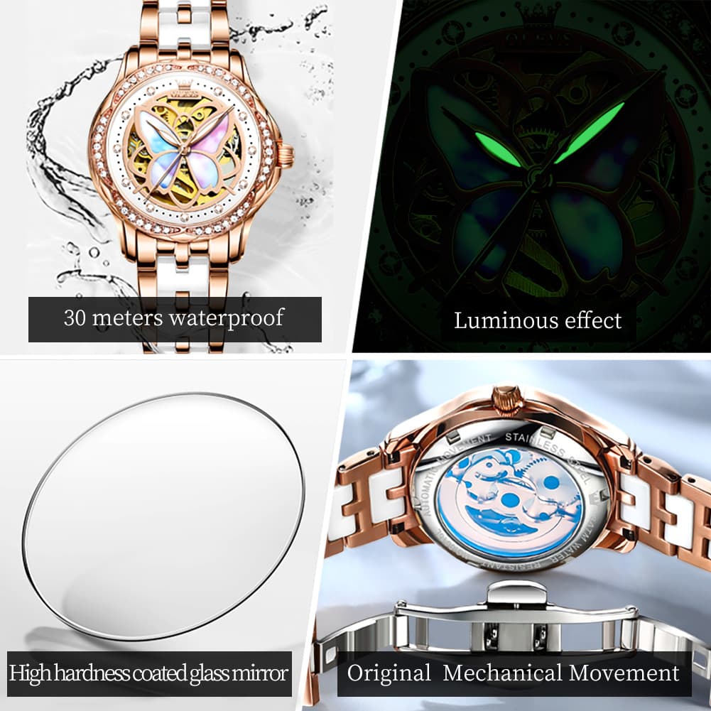 OLEVS 6615 Automatic Skeleton Bright Butterfly Watch Set for Women