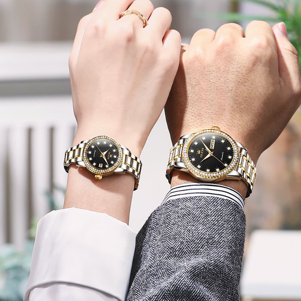 OLEVS 7003Q Diamond Bezel Automatic Couple Watch Set