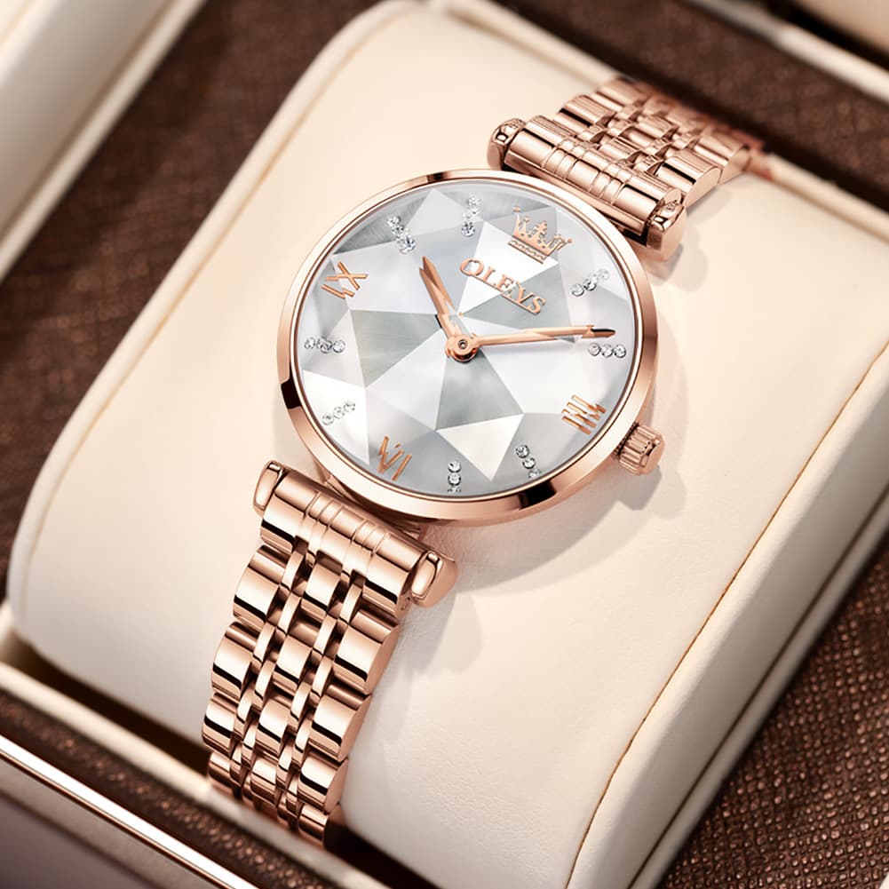 OLEVS 6642 Prism Cut Crystal Watch Rose Gold Stainless Steel Japan Quartz Timepiece for Women