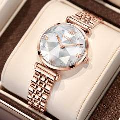 OLEVS 6642 Prism Cut Crystal Watch Rose Gold Stainless Steel Japan Quartz Timepiece for Women