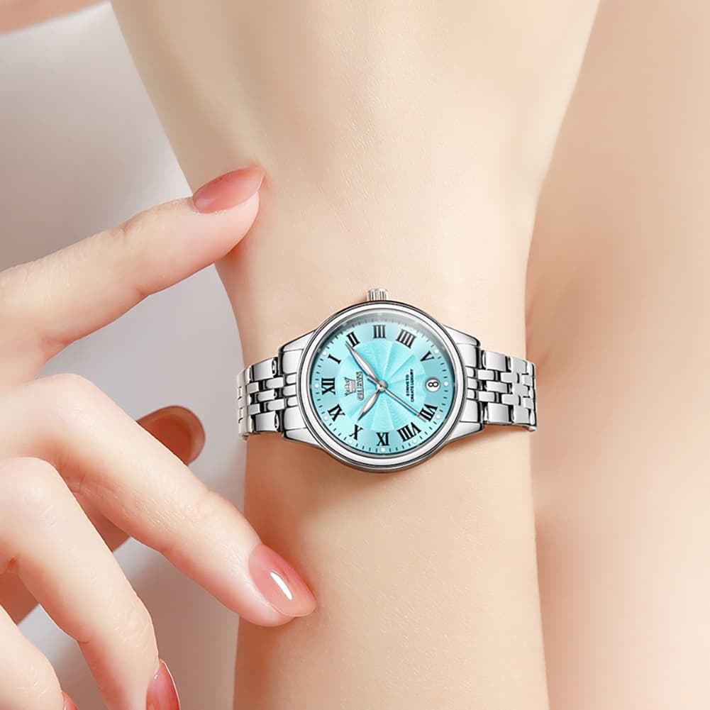 OLEVS Women Tiffany Blue Watch Roman Numeral Silver Stainless Steel Date Quartz 5600