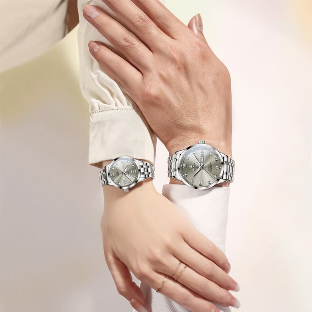 OLEVS Couple Watches Diamond Dial Automatic Mechanical Watch 9946 Steel Band for His and Hers