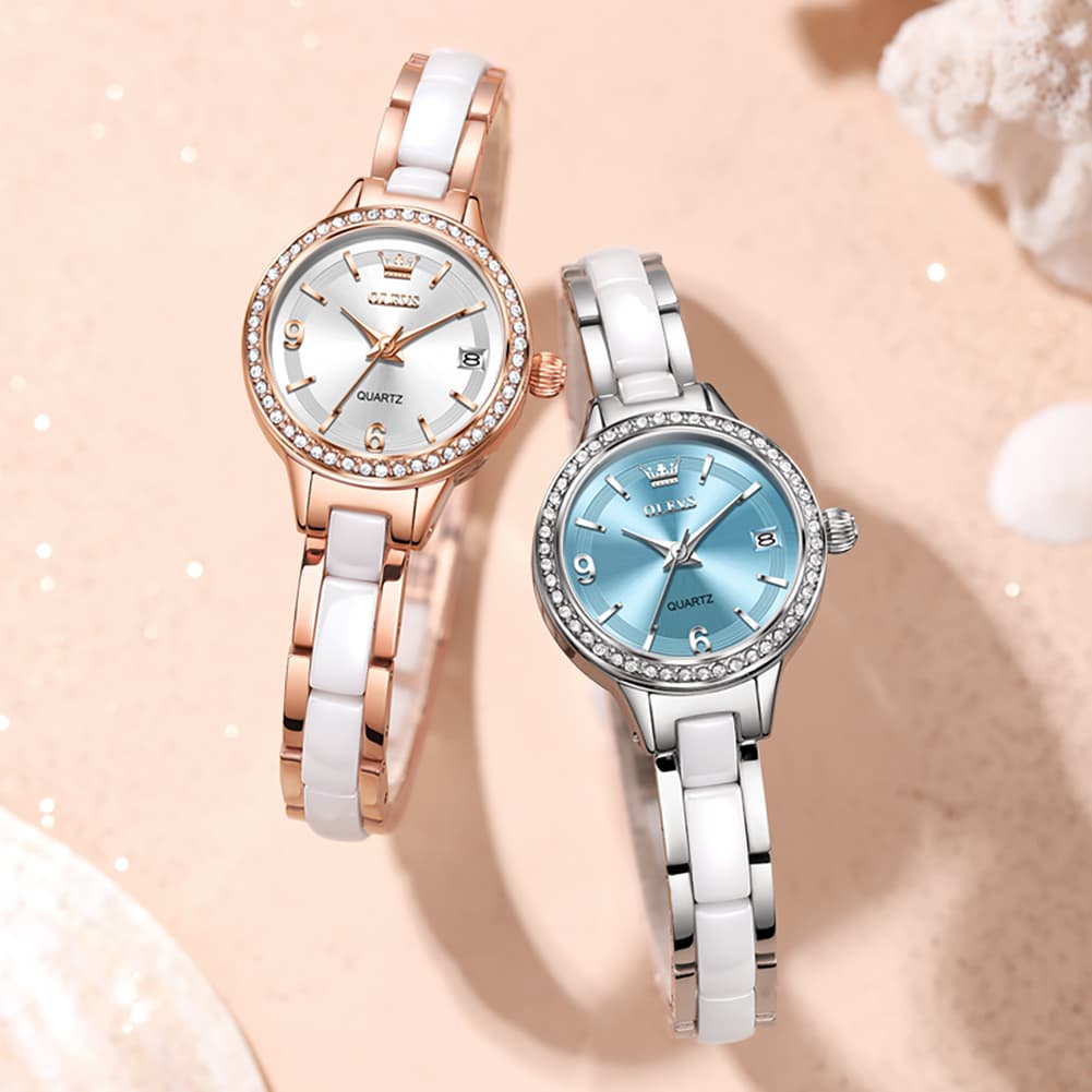 OLEVS 7093 White Ceramic Watch Women Dainty Diamond Bezel Date Quartz Jewelry Timepiece