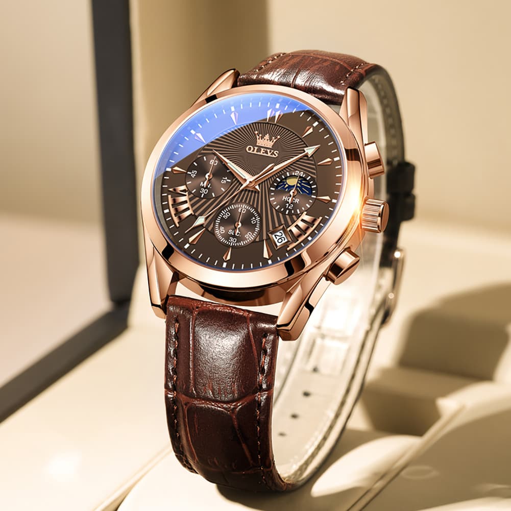 OLEVS 2876 Luxury Moon Phase Chronograph Leather Watch for Men