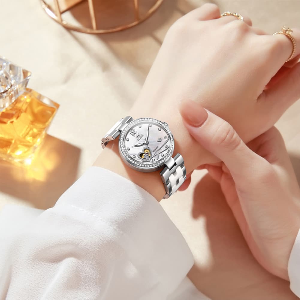OLEVS 7086 Ceramic Heart Open Heart Automatic Watch For Women