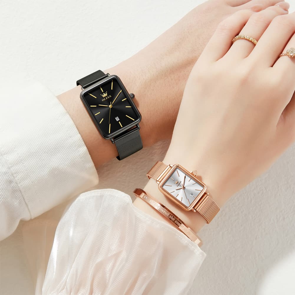 OLEVS 3692 Matching Couples Watch Set Rectangle Minimalist Mesh