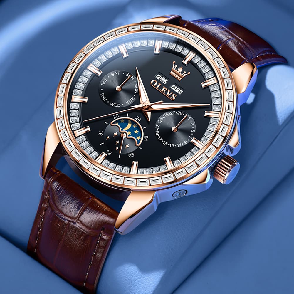 OLEVS 6695P Baguette Diamond Leather Mechanical Watch for Men