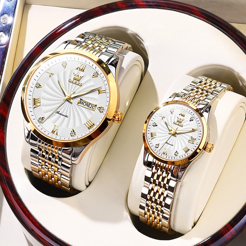 OLEVS 6630 Sunburst Mechanical Couple Watches Set