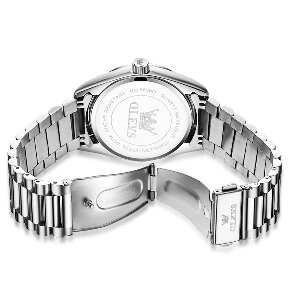 OLEVS 5650 Fluted Bezel Day Date Watch Stainless Steel Quartz Luxury Timepiece for Men