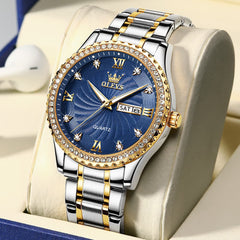 OLEVS Men Diamond Bezel Watch Two Tone Stainless Steel Quartz Day Date 5565