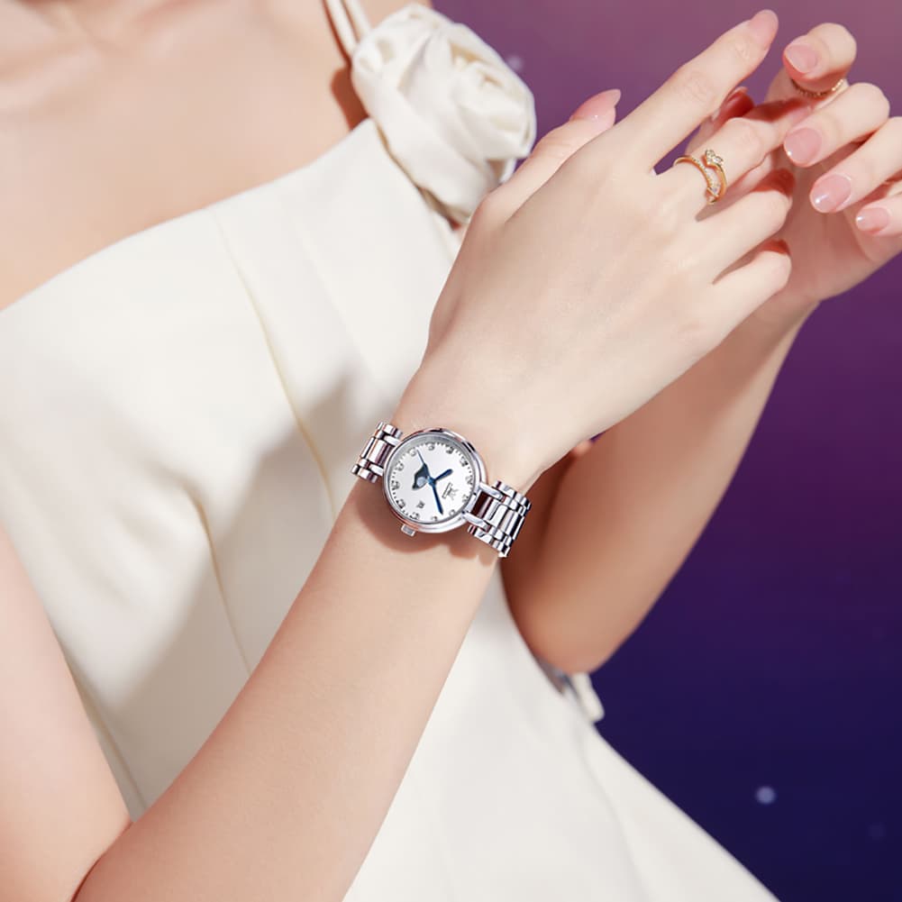 OLEVS Women Moon Phase Dress Watch Stainless Steel Diamond Dial Quartz 5573
