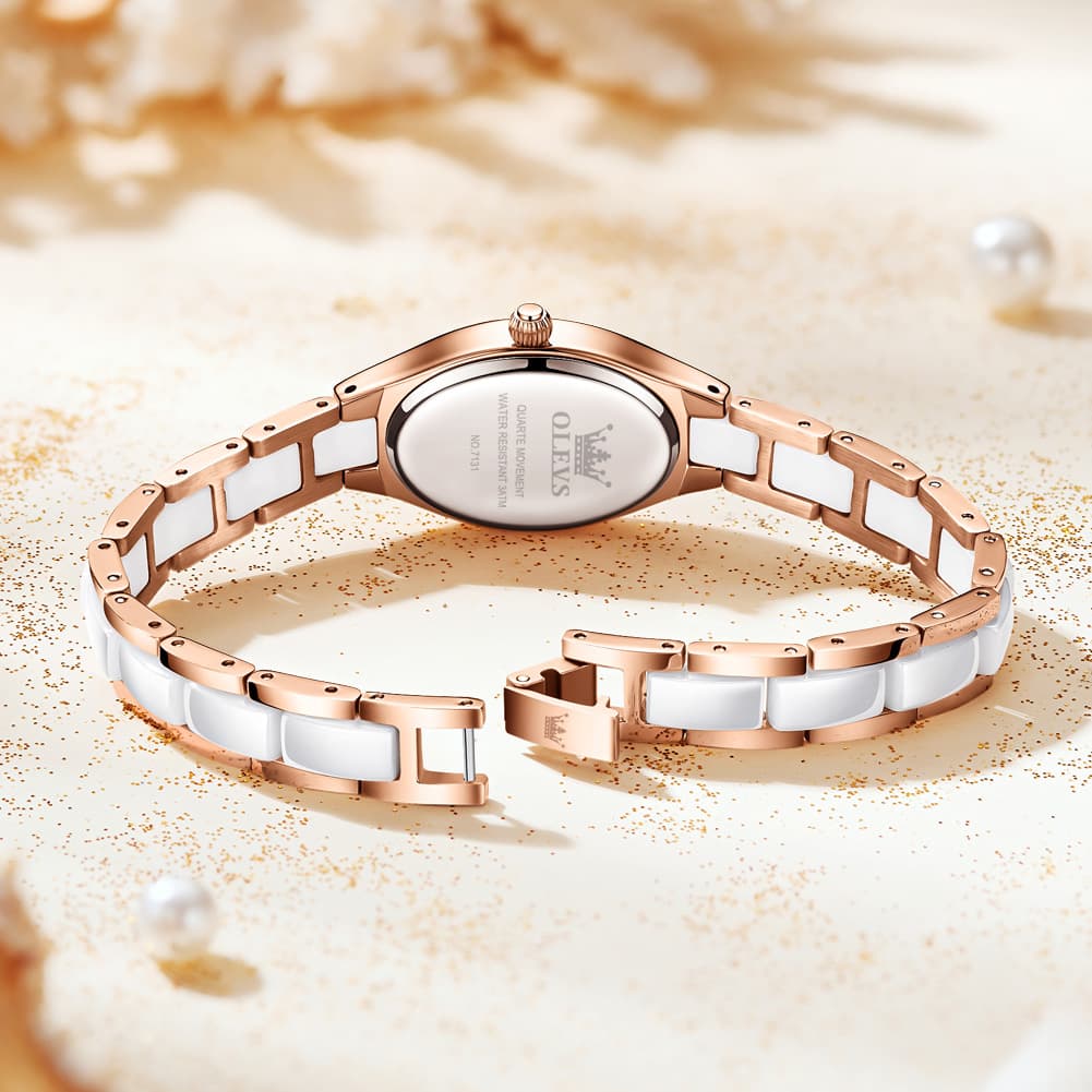 OLEVS Oval Ceramic Bracelet Diamond Watch 7131 for Women