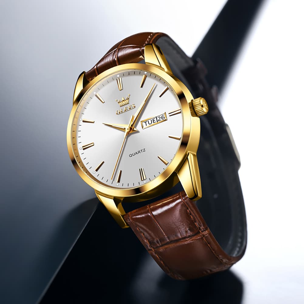 OLEVS 6898P Ultra Thin Day Date Watch Leather Strap Quartz Casual Timepiece for Men