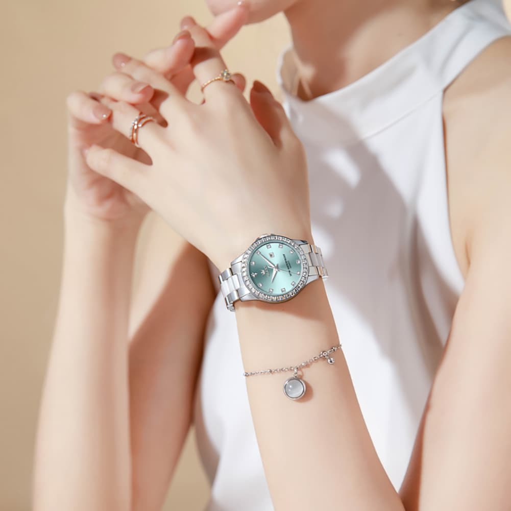 OLEVS 3651 Mother of Pearl Ceramic Crystal Diamond Watch For Women