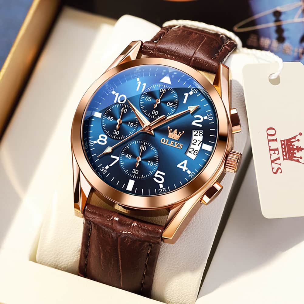 OLEVS 2878 Classic Pilot Chronograph Leather Watch for Men