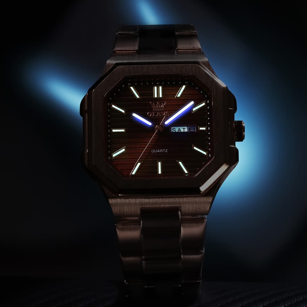 OLEVS 3731 Square Ribbed Dial Luminous Quartz Watch for Men