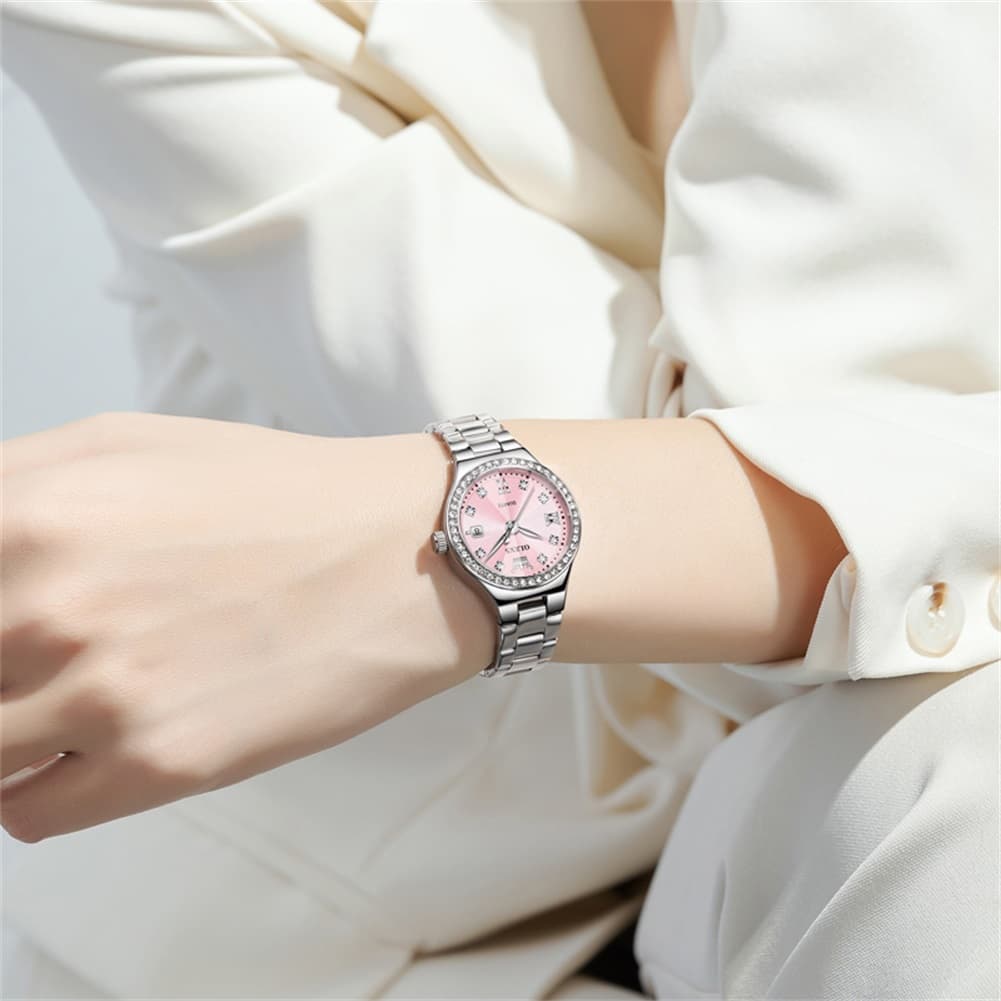 OLEVS Women Diamond Bezel Watch Petite Pastel Sunray Silver Stainless Steel Date Quartz 5628