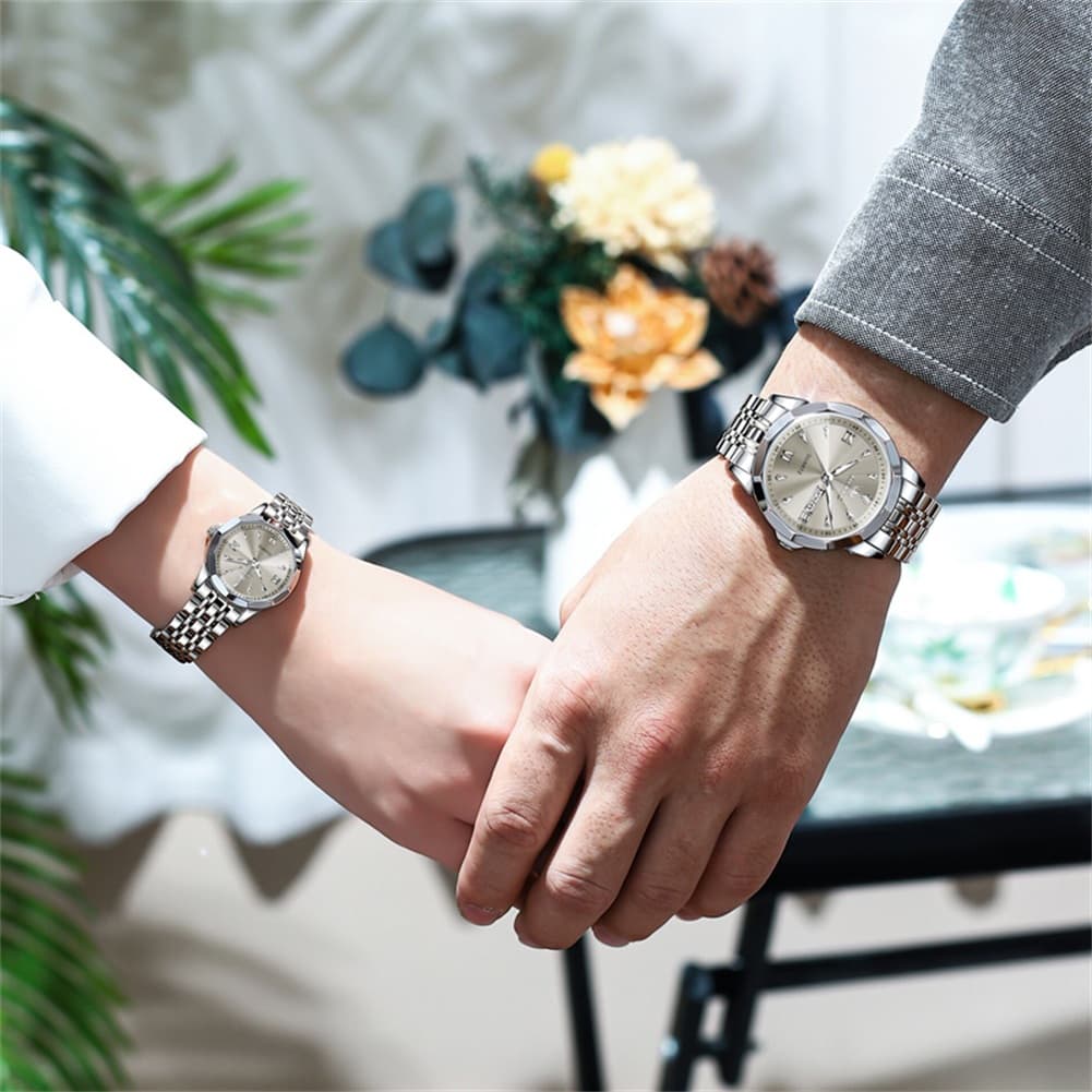 OLEVS 9998 Diamond Cut Glass Couple Dress Watch for Men and Women