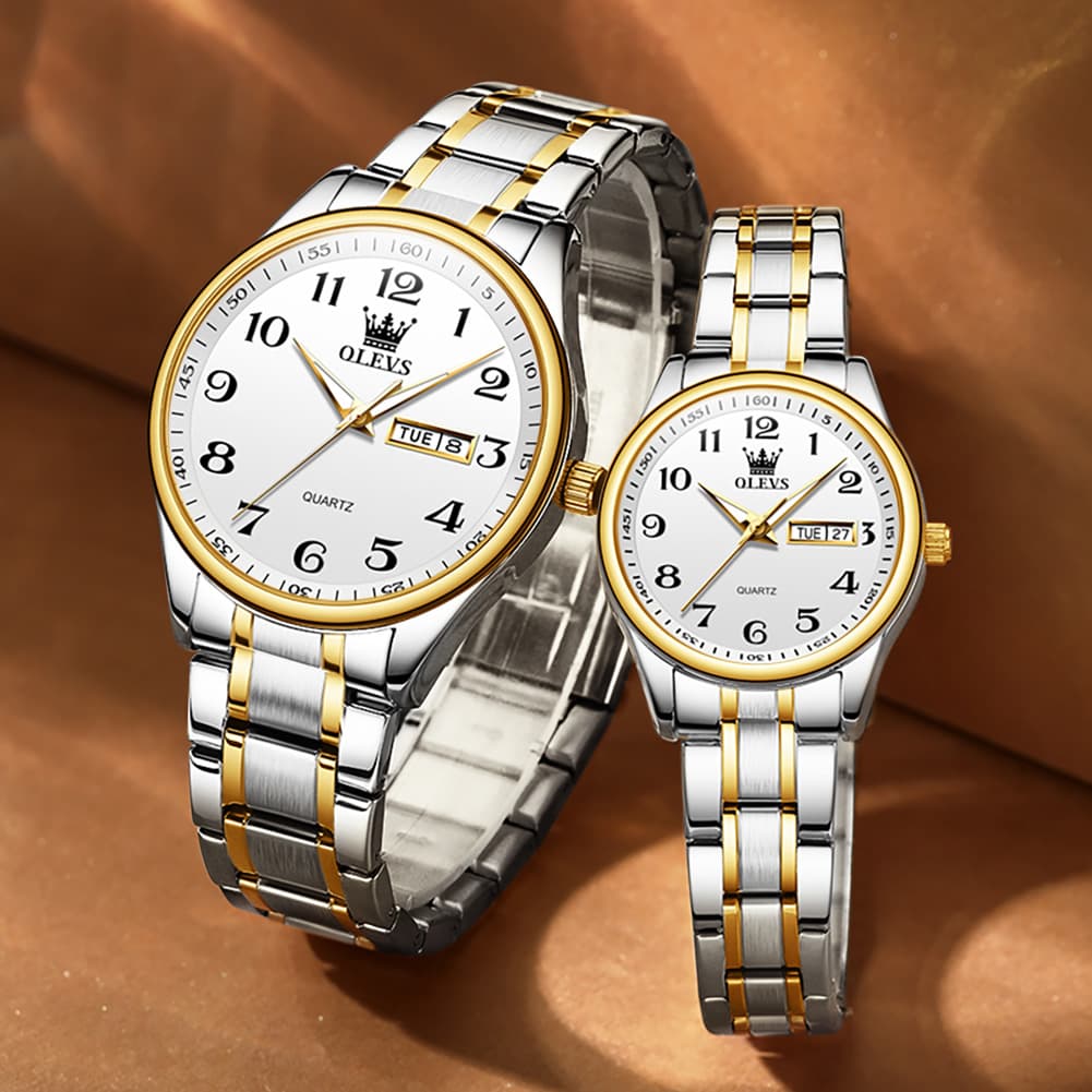 OLEVS Men and Women Couple Watch Stainless Steel Quartz Day Date Arabic Numerals 5567