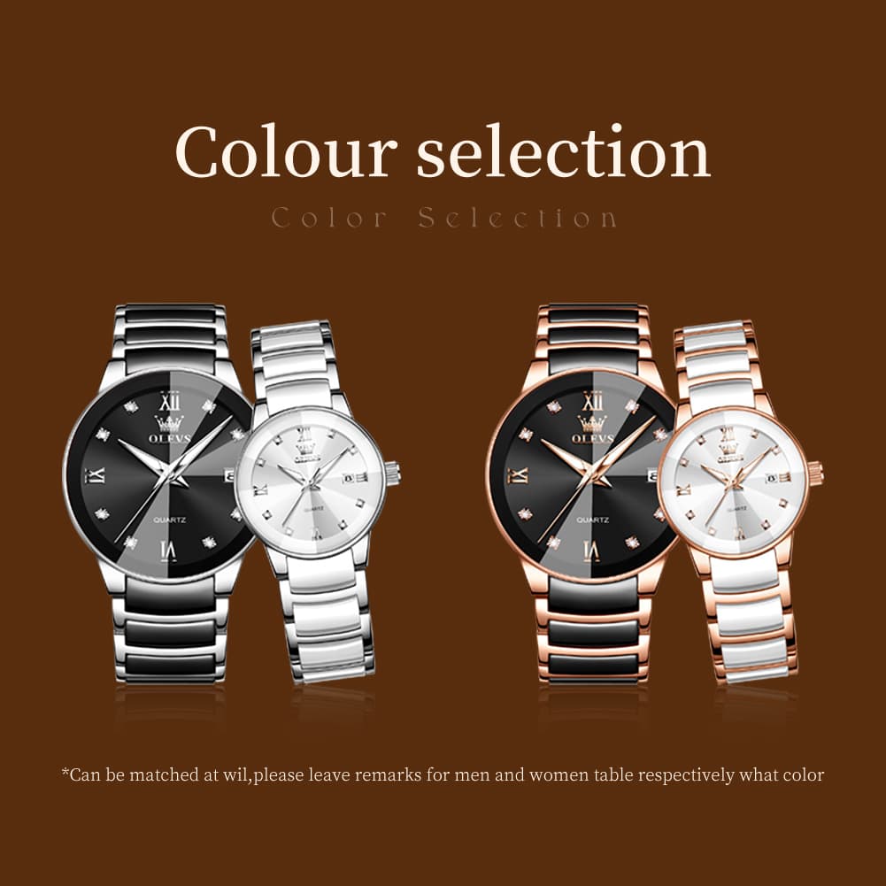 OLEVS 7114 Ceramic Link Watch Couple Date Diamond Accent Quartz Luxury Timepiece for Men and Women