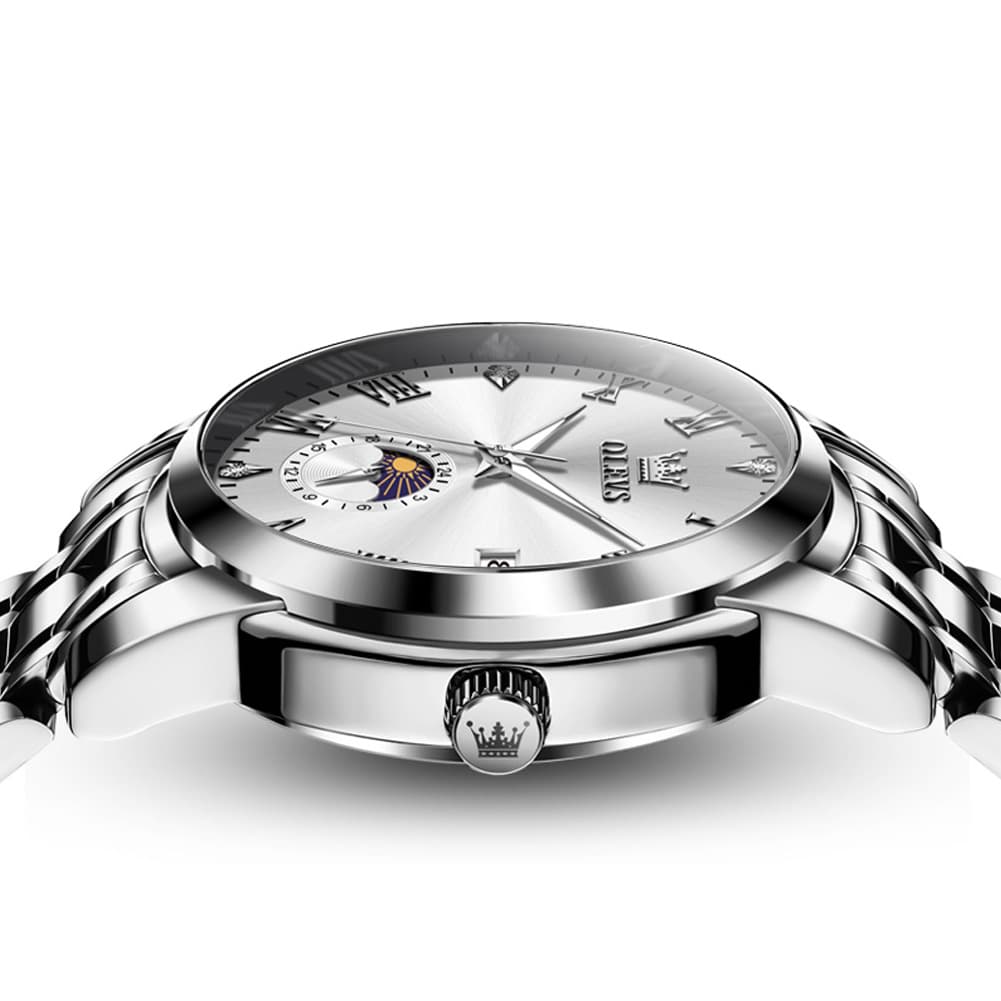 OLEVS 3656 Minimalist Moon Phase Roman Dial Stainless Steel Watch For Men