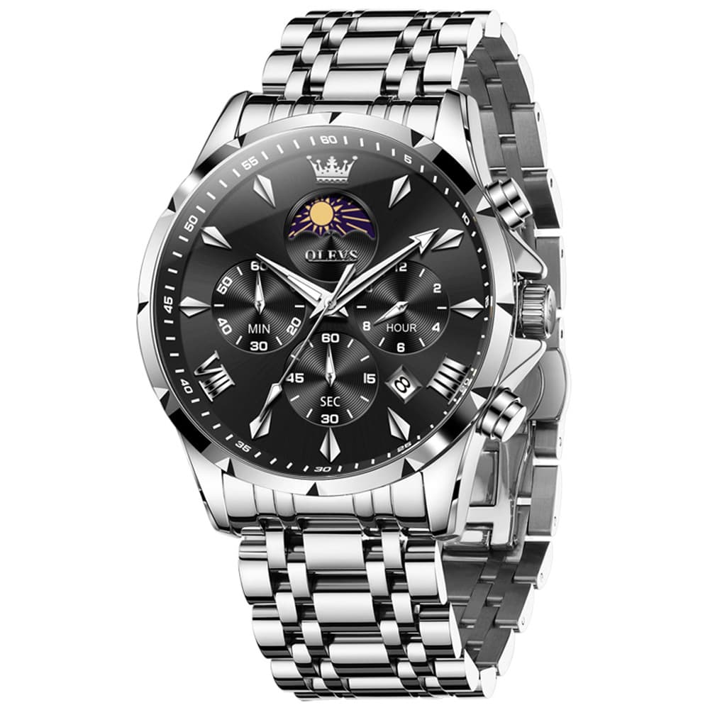 OLEVS 3653 Chronograph Moon Phase Sporty Dial Stainless Steel Watch For Men