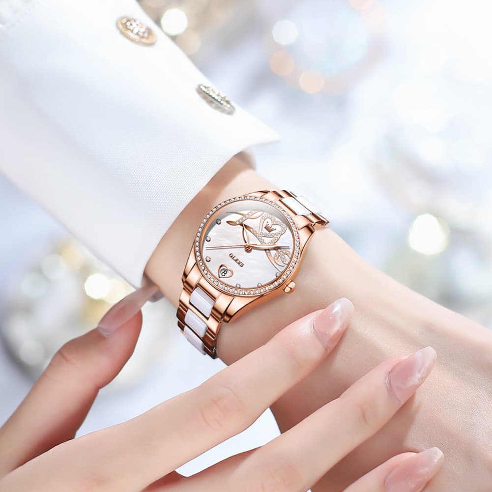 OLEVS 6686 Romantic Love Dial Ceramic Mechanical Watch for Women