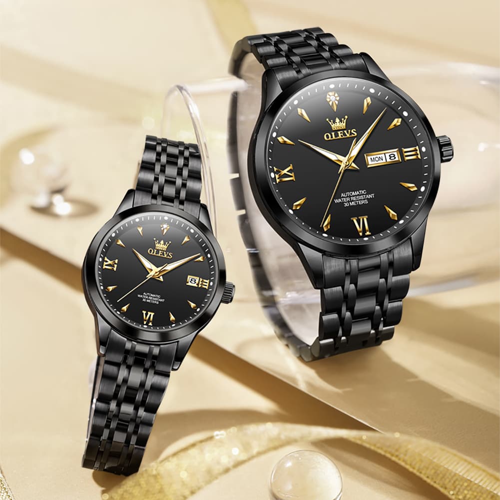 OLEVS Couple Watches Diamond Dial Automatic Mechanical Watch 9956 Steel Band for His and Hers