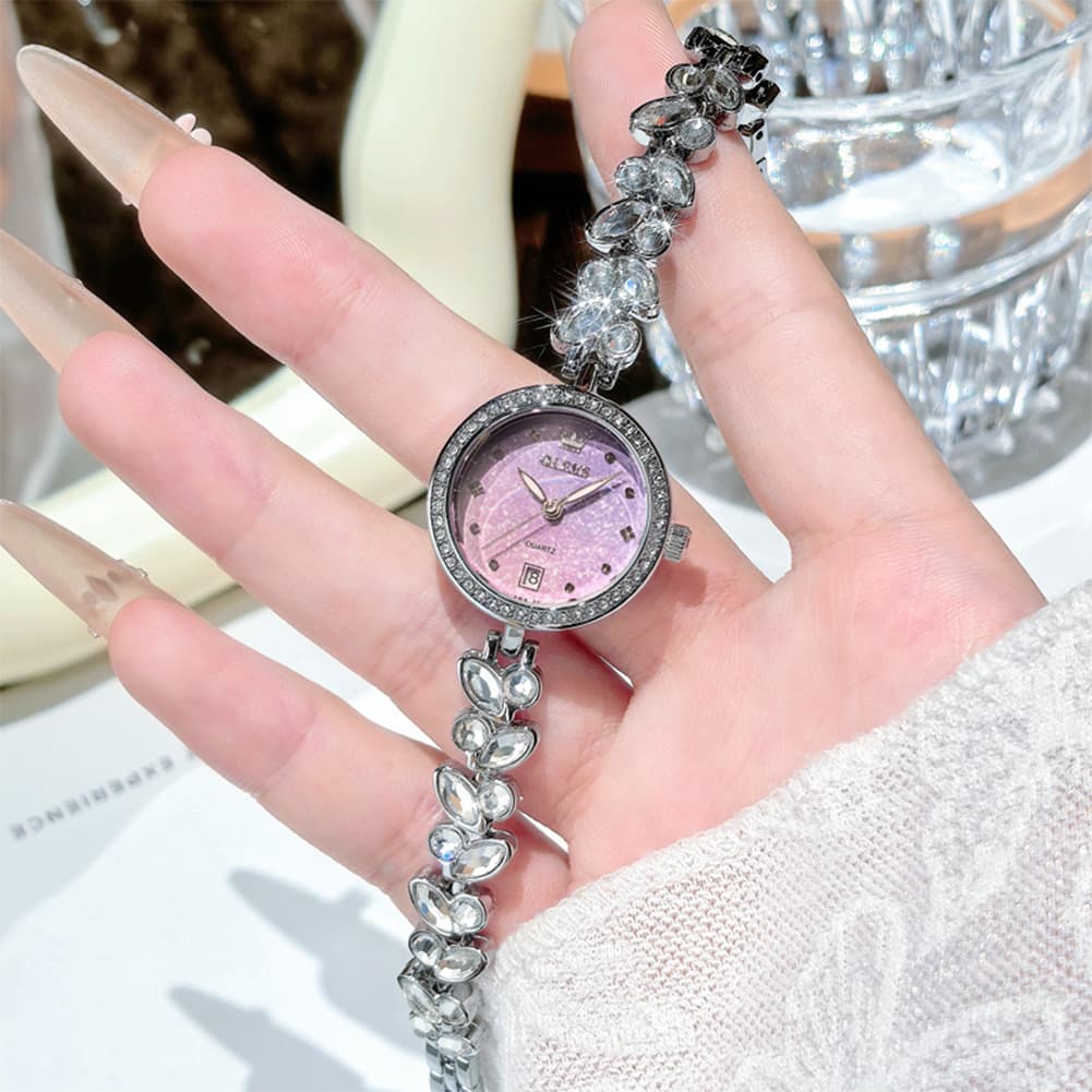 OLEVS 5679 Crystal Cluster Bracelet Watch Zircon Bezel Date Quartz Jewelry Timepiece for Women