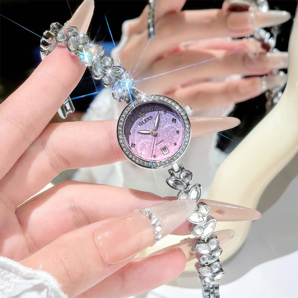 OLEVS 5679 Crystal Cluster Bracelet Watch Zircon Bezel Date Quartz Jewelry Timepiece for Women