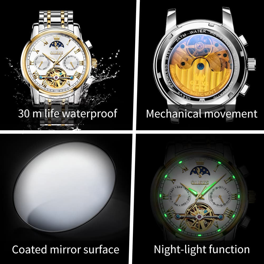 OLEVS 6617 Automatic Mechanical Tourbillon Moon Phase Watch for Men