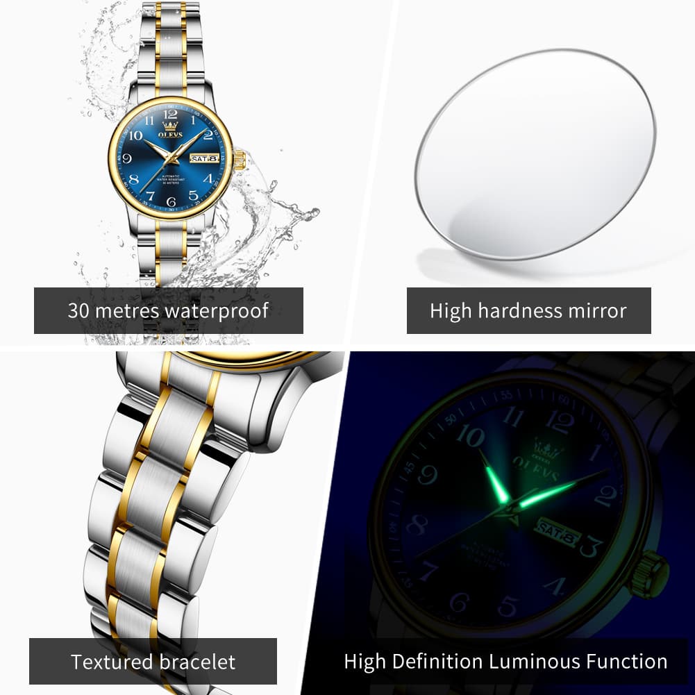 OLEVS 7072 Arabic Numeral Dual Calendar Automatic Watch For Women
