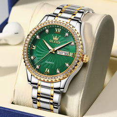 OLEVS Men Diamond Bezel Watch Two Tone Stainless Steel Quartz Day Date 5565
