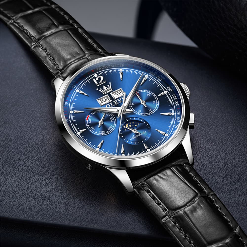 OLEVS Moon Phase Automatic Mechanical Watch 7128 Leather Strap for Men