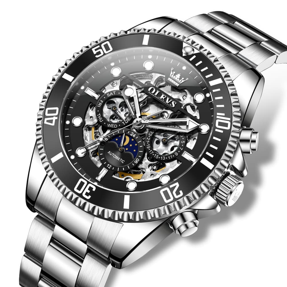 OLEVS 6715 Skeleton Multifunction Moon Phase Sports Mechanical Watch For Men