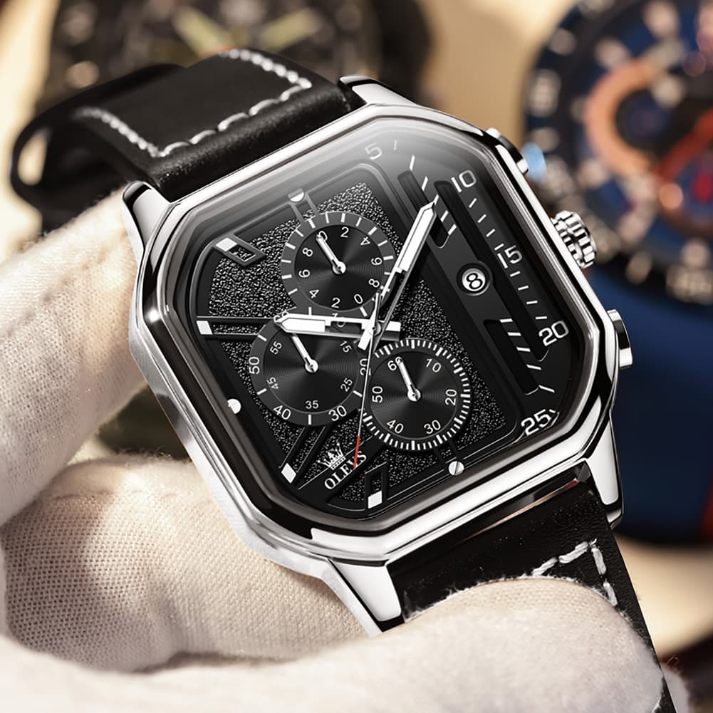 OLEVS 9950 Octagonal Case Chronograph Leather Watch for Men