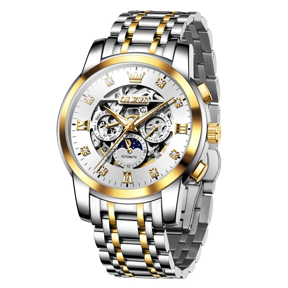 OLEVS 6721 Openwork Skeleton Diamond Dial Moon Phase Calendar Mechanical Watch For Men