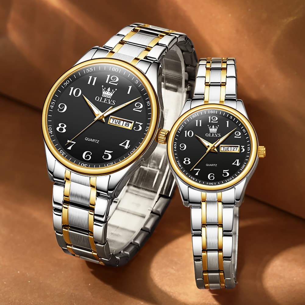 OLEVS Men and Women Couple Watch Stainless Steel Quartz Day Date Arabic Numerals 5567