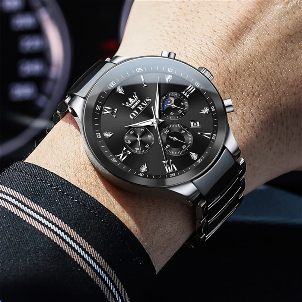 OLEVS 7004 Moon Phase Chronograph Watch Ceramic Link Bracelet Quartz Luxury Timepiece for Men