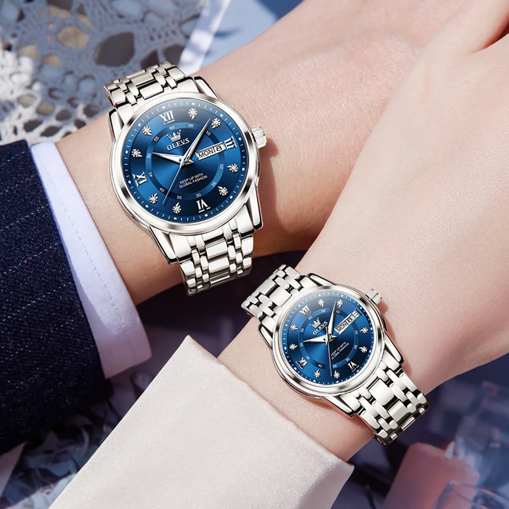 OLEVS Couple Watches Diamond Dial Day Date Quartz Watch 5513 Steel Band for His and Hers