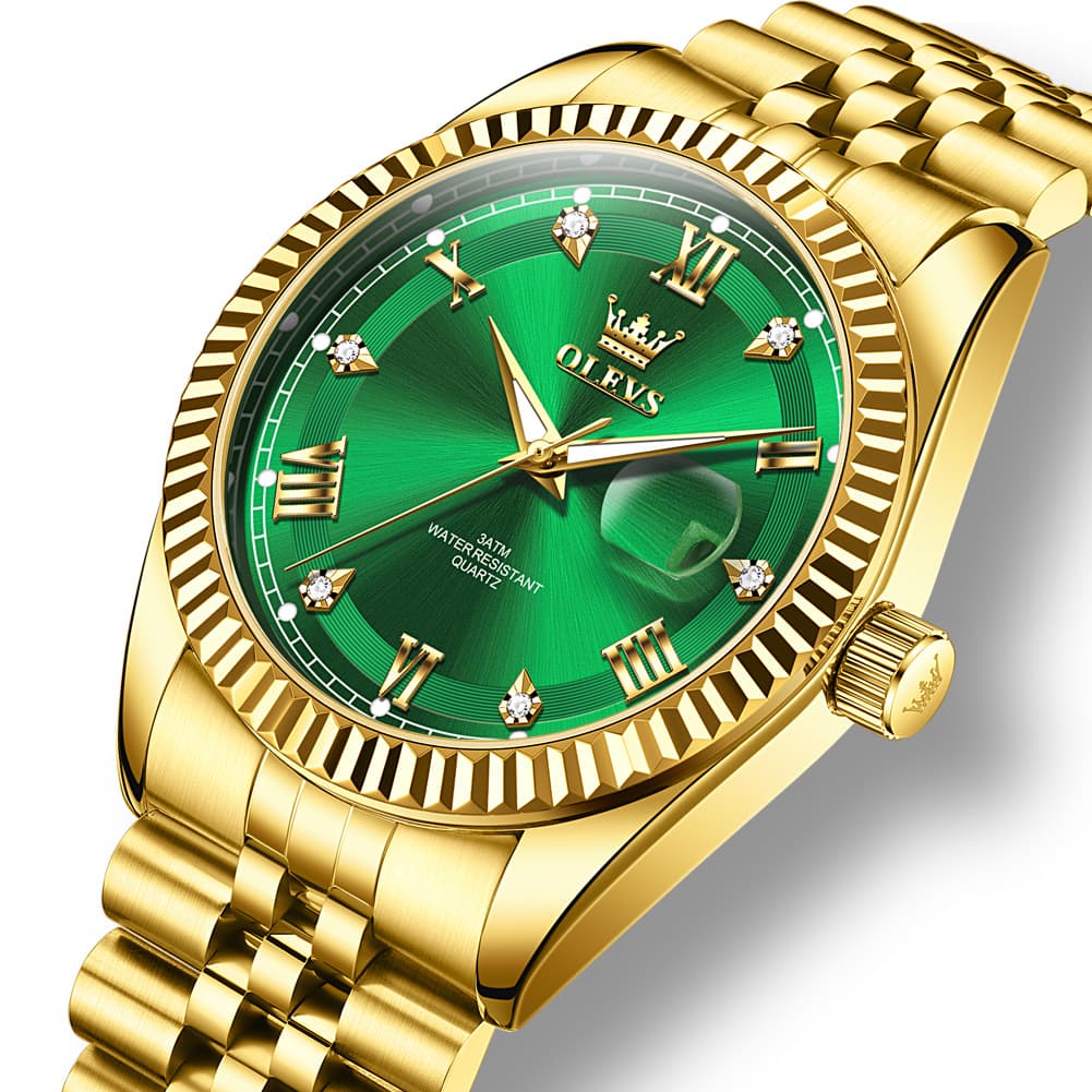 OLEVS 5680 Fluted Bezel Roman Diamond Dial Watch Stainless Steel Jubilee Bracelet Quartz Timepiece for Men