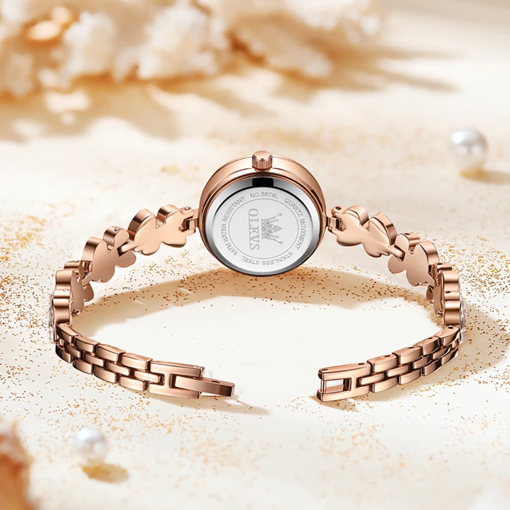 OLEVS 5679 Crystal Cluster Bracelet Watch Zircon Bezel Date Quartz Jewelry Timepiece for Women