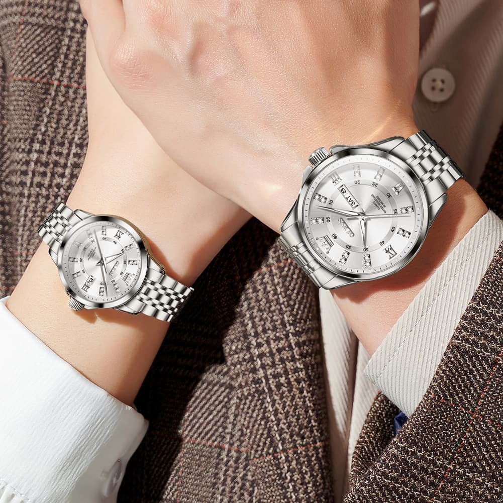 OLEVS 3620Q Classic Diamond Quartz Couple Watches Set